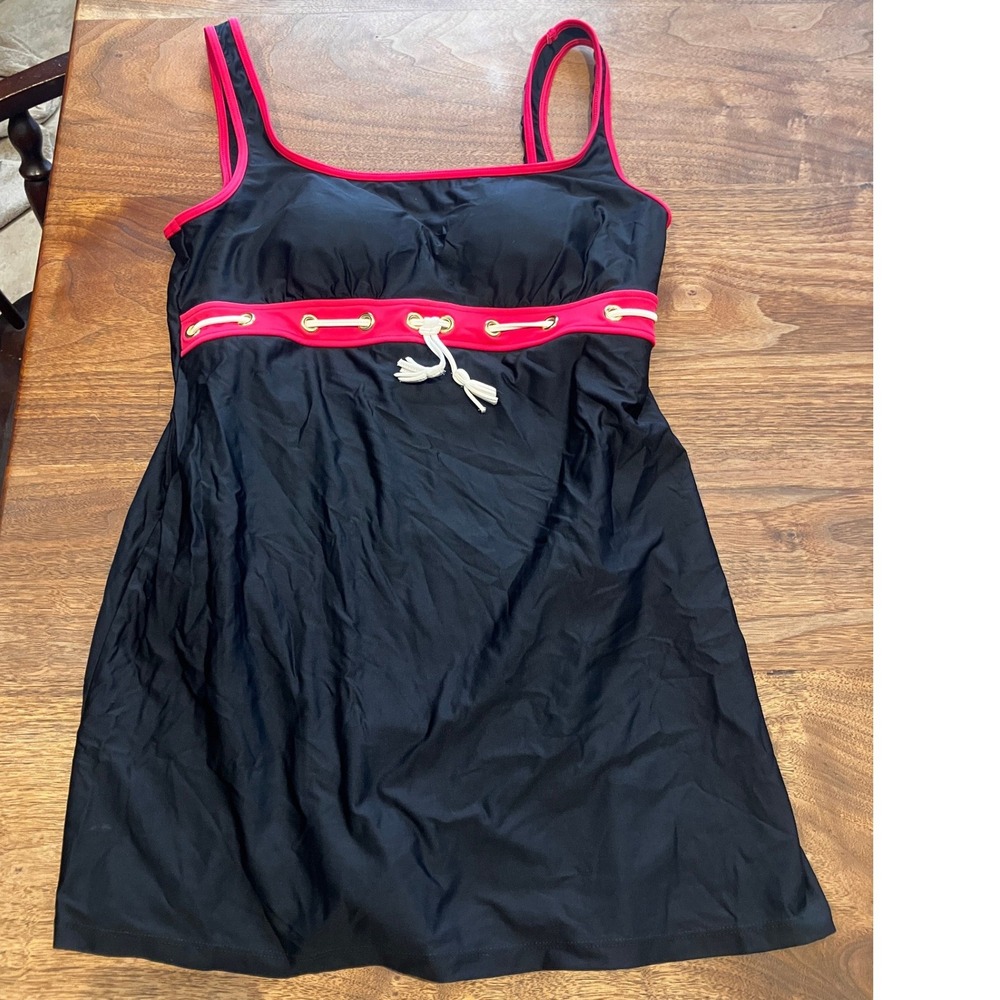 Eco Swim Black Pink Nautical Empire Waist Swim Dress‎ One Piece Size 10
